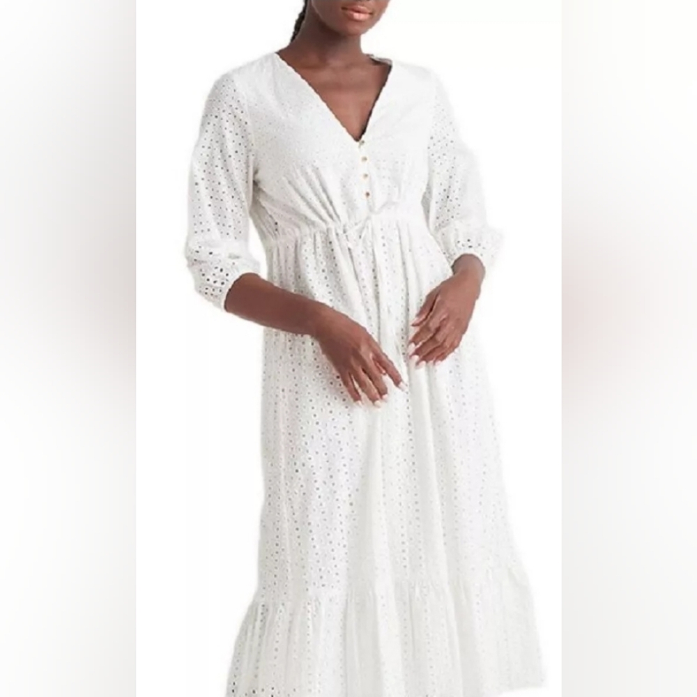 Black Tape Empire Waist Buttoned Eyelet Minimalist Women's Dress sz M Tiered NWT